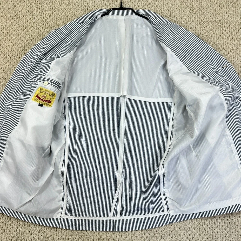 Vtg Toppe Sportscoat Mens L Blue/White Seersucker Jacket Blazer Embroider Crest